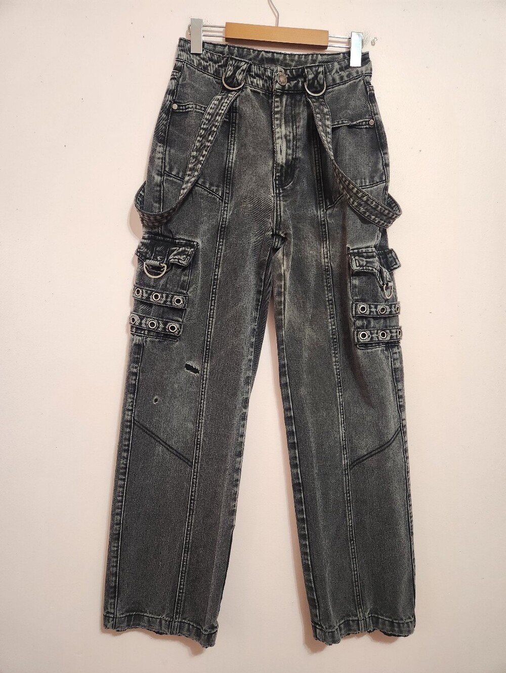 Disturbia Washed Black Grunge Suspender Cargo Jeans High Rise Goth Punk Sz 26